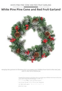 Close-up detail of frosted pine needles, pine cones and red berries on Christmas wreath
