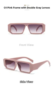Front and side view of thick pink square sunglasses with gradient grey lenses