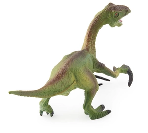 Detailed view of green Velociraptor dinosaur toy with realistic skin textures and sharp claws
