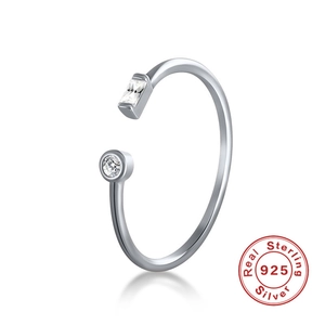 Minimalist S925 sterling silver open ring with rectangle and round clear gemstones