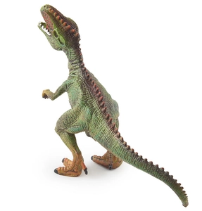 Detailed view of realistic T-Rex dinosaur model with green scales and muscle textures