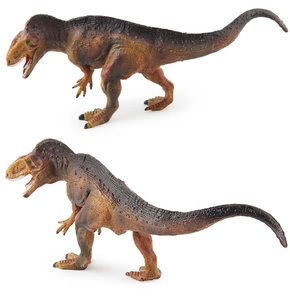 Detailed view of two realistic dinosaur toy models with intricate brown and black scales