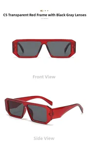 Detail view of flat top square sunglasses in transparent red frame with grey lenses