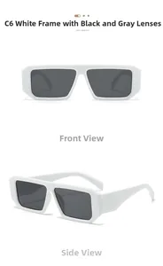 Front and side view of white rectangular sunglasses with dark gray lenses and wide temples