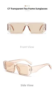 Detail of transparent tea square sunglasses with thick temples in retro Y2K style