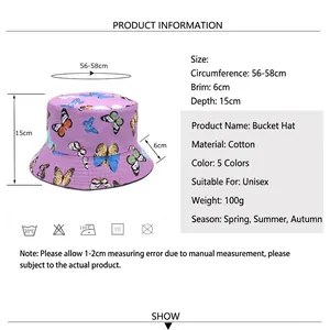 Cotton reversible butterfly print bucket hat for women and men, sun protection summer cap