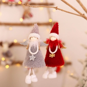 Christmas plush angel ornaments with sequined wings in grey and red hanging on branches
