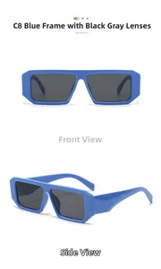 Detail view of square frame sunglasses in bright blue finish with dark grey lenses