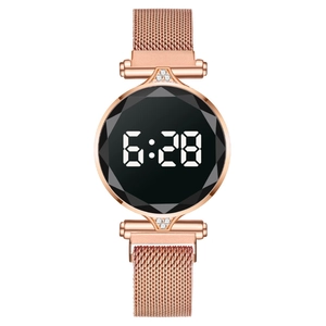 Reloj Digital LED de Moda para Mujer Con Caja de Aleación de Diamantes de Imitación Correa Magnética de Malla Milanesa Vidrio Facetado Elegante
