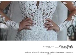 Détail de la taille sur robe de mariée en dentelle blanche avec perles et paillettes