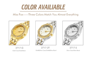 Close-up of three luxury crystal-set watches in gold, silver, and two-tone finishes