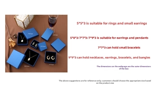 Size guide for peacock blue jewelry boxes from 5x5x3cm to 9x9x3cm for rings and necklaces