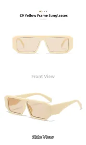 Detail view of beige rectangular sunglasses with brown lenses from front and side angles