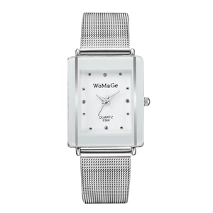 Minimalist silver rectangular quartz watch with mesh band and sparkling rhinestone markers