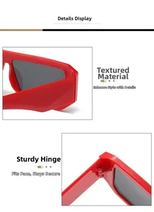 Detail shot of the sturdy metal hinge and sleek red frame edge on square sunglasses