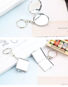 Mini silver metal folding pocket mirrors in round and square shapes with keychains