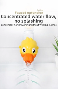 Detail showing the yellow duck faucet extender focusing water flow for children's hand washing