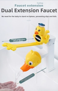 Duck faucet extender showing water stream extending 10cm and 20cm handle reach