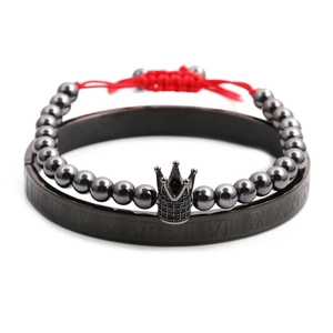 Bracelet jonc noir mat avec chiffres romains et ensemble de bijoux à perles couronne