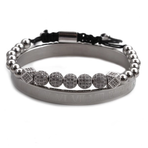Silver stainless steel roman numeral cuff bracelet and pavé zircon bead bracelet set
