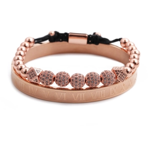 Rose gold Roman numeral bangle and beaded zirconia braided bracelet jewelry set
