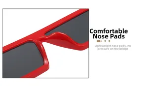 Close-up of lightweight red square sunglasses featuring comfortable integrated nose pads