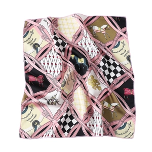 Elegant square silk scarf with horse motif and checkered pattern for women, 50x50cm