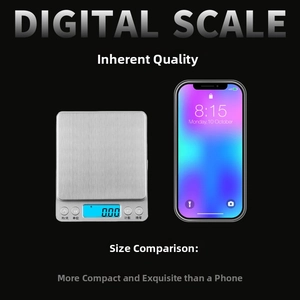 Digital food scale size comparison with smartphone showing its compact portable design