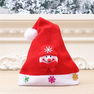 Close-up of a festive Christmas hat with a 3D snowman and colorful snowflake patches