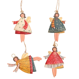 Set of four colorful handcrafted metal angel ornaments for Christmas tree decoration