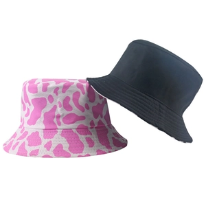 Cappello da pescatore con stampa mucca rosa e cappello da sole nero in cotone