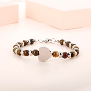 Minimalist tiger eye stone bead bracelet with a silver heart pendant and lobster clasp finish