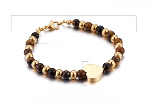 Detail of tiger eye bead bracelet with 18K gold-plated heart pendant and dimensions