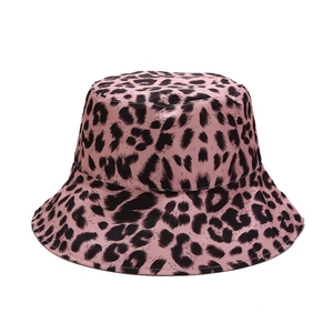 Detailed view of pink leopard print bucket hat made of durable cotton canvas fabric