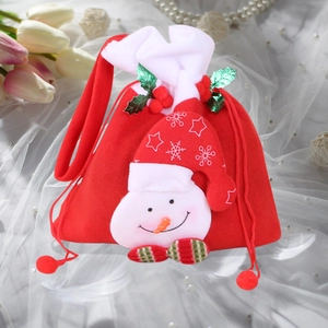 Festive red felt Christmas gift bag featuring a 3D snowman and elegant white drawstring