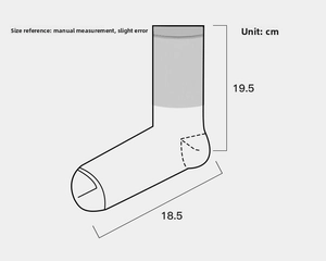 Size chart for tie-dye cotton crew socks showing 19.5cm height and 18.5cm length dimensions
