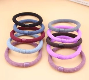 Close-up of high-elasticity hair ties in Morandi colors with ribbed texture and pearl detail