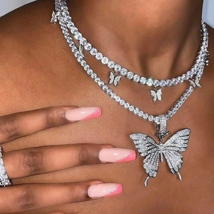 Butterfly Pendant Necklace Rhinestone Tennis Cuban Chain Alloy Hip Hop Layered Choker Jewelry Women