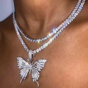 Sparkling silver butterfly pendant necklace with crystal tennis chain for women