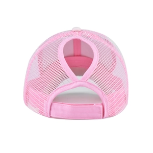 Pink breathable mesh baseball cap rear view with ponytail hole and adjustable velcro strap