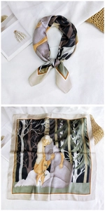 Detailed forest theme silk scarf featuring hand-painted artistic lady and wolf illustration