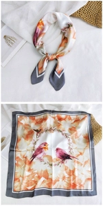 Detailed floral silk scarf featuring vivid robin birds and grey striped borders