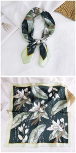 Detailed flat lay and tied view of a dark green silk square scarf with white lily floral print