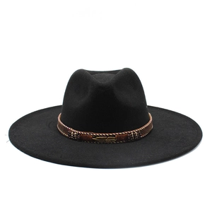 Close-up of black wool fedora featuring a woven brown band and golden feather detail