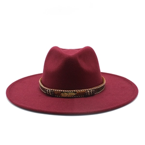Detail of burgundy fedora hat with brown leather band and metallic feather ornament