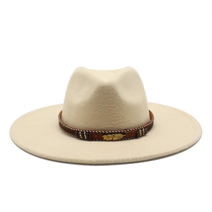 Fedora Hat For Women And Men Vintage Wool Felt Wide Brim Jazz Hat With Ethnic Braided Band Gold Feather Metal Pendant