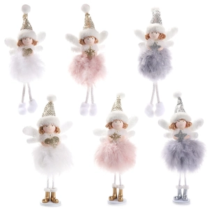Plush Christmas angel ornaments with feather wings and sequin hats in white, pink and grey