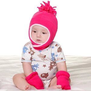 Detail of rose pink fleece baby winter hat with earflaps and matching mittens set