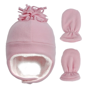 Detail of pink fleece winter set for kids including hat and mittens with plush lining