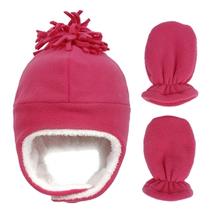 Detail of pink fleece baby winter hat and mittens set with soft faux lamb wool lining
